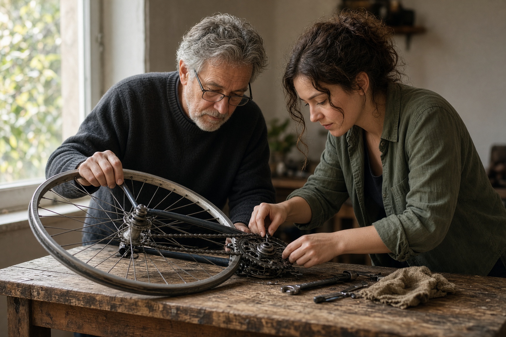 Two people repairing a bicycle at a table.