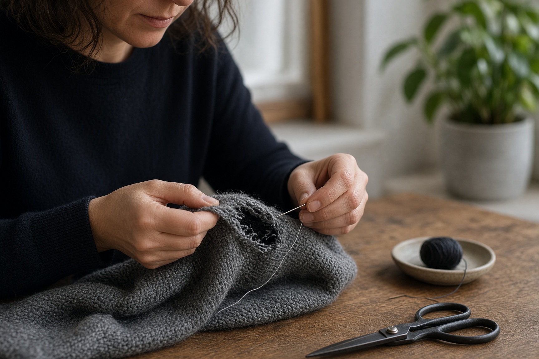 A person mending a garment.